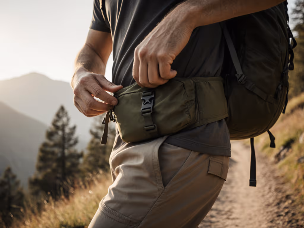 hiker_adjusting_hipbelt_pocket_while_hiking
